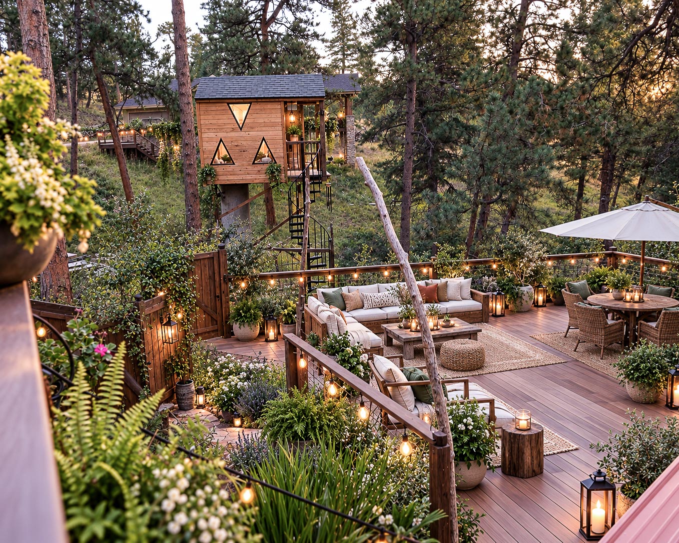 Outdoor gathering deck surrounded by trees and plants