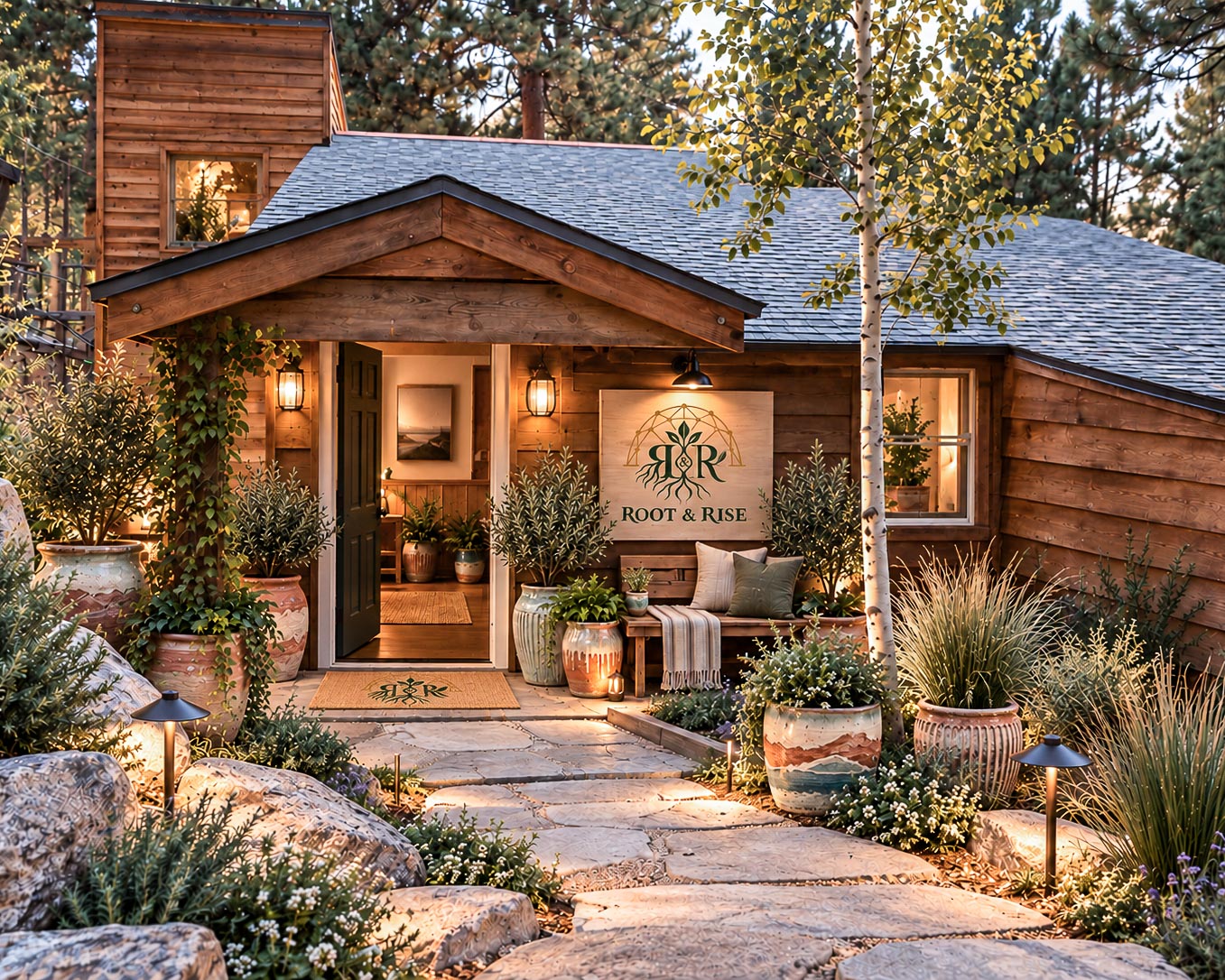 Warm and inviting Root & Rise retreat cottage entrance