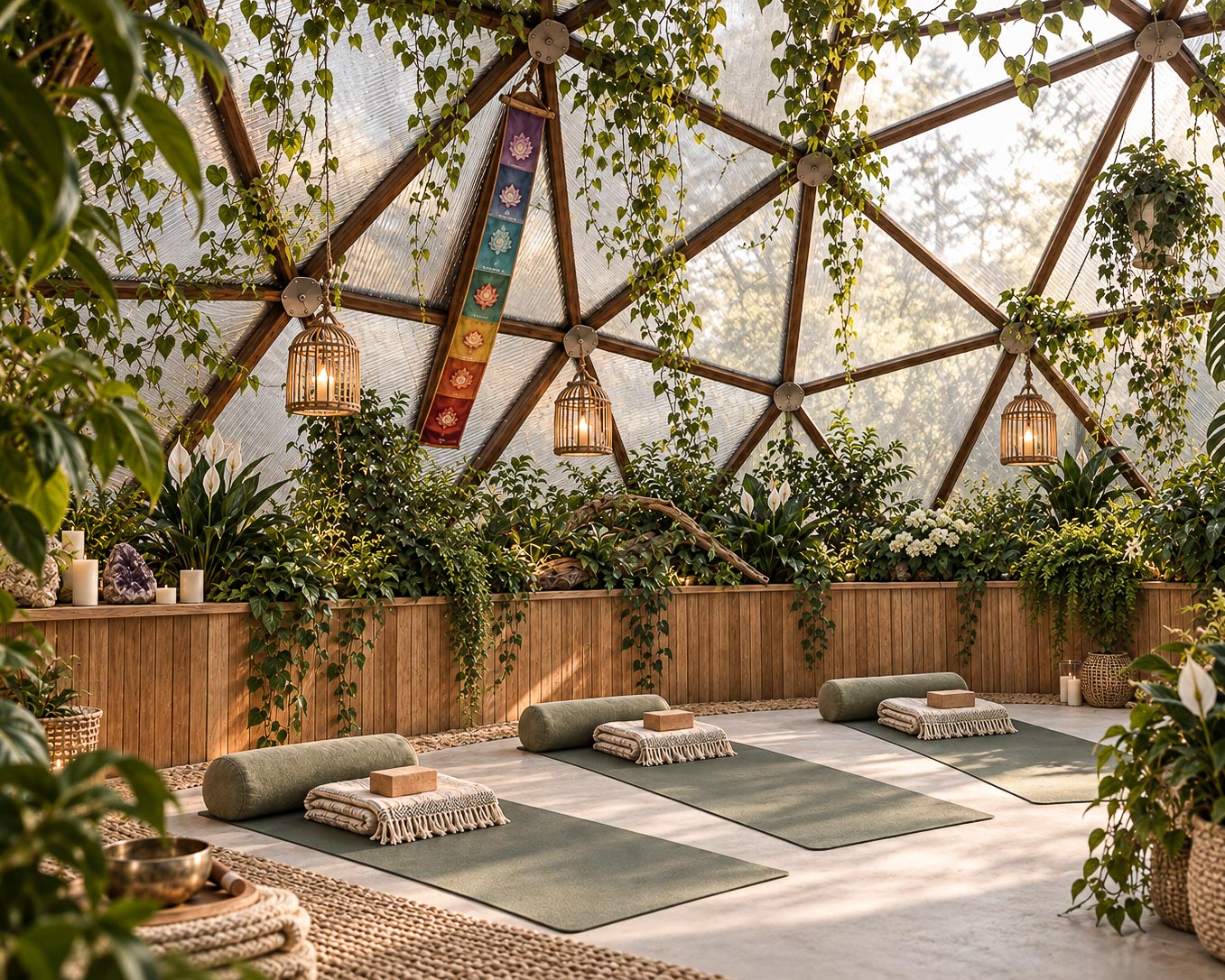 Light-filled biophilic yoga dome with three yoga mats