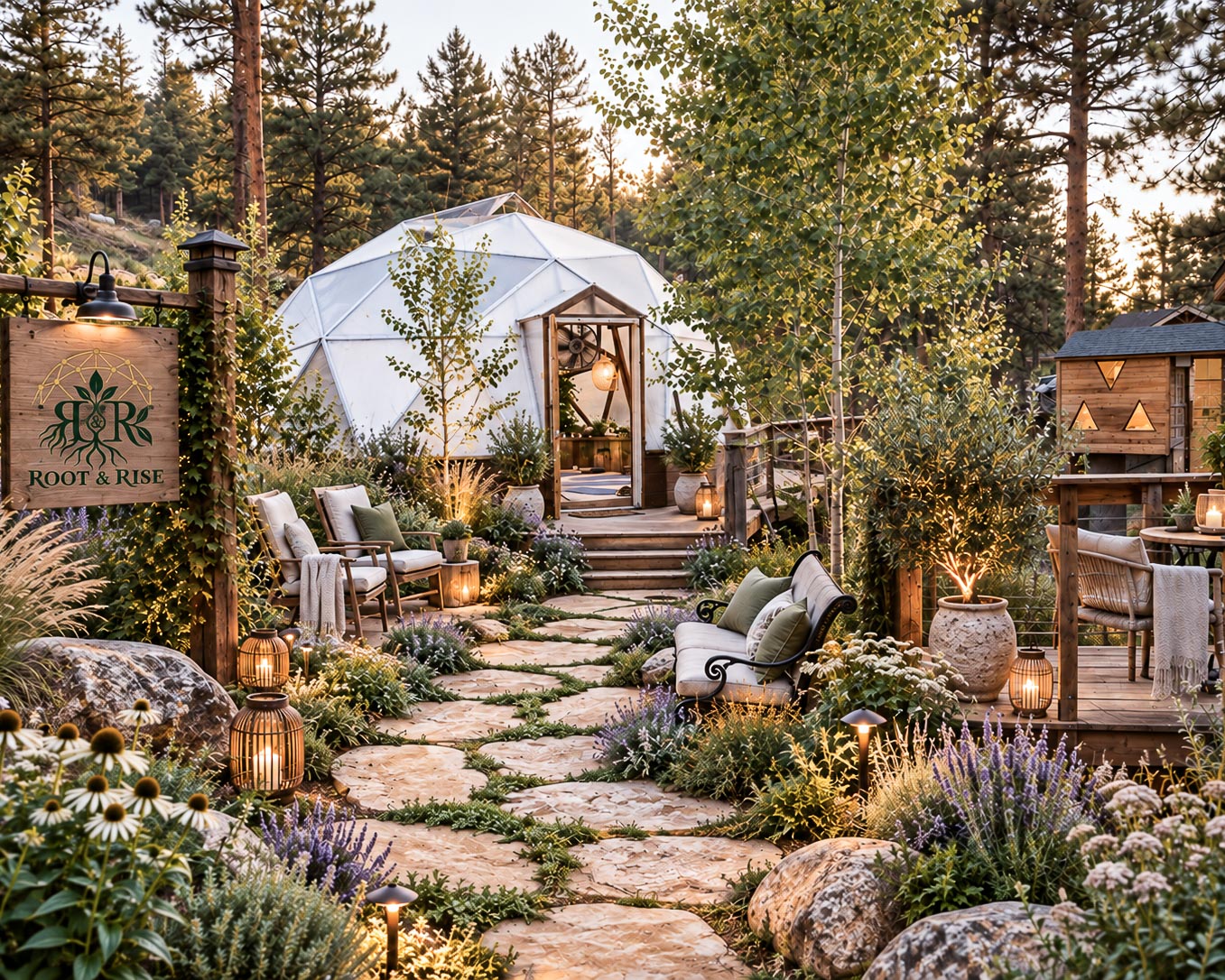 Root & Rise garden path leading to the dome