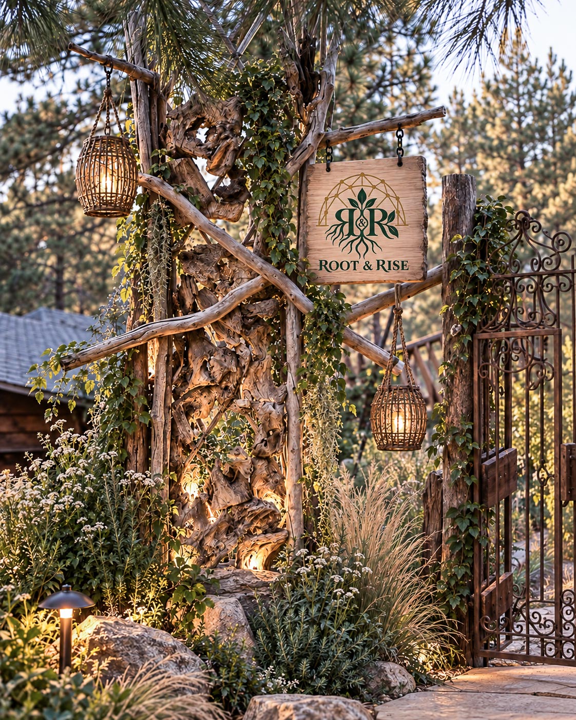 Root & Rise garden gate and sign